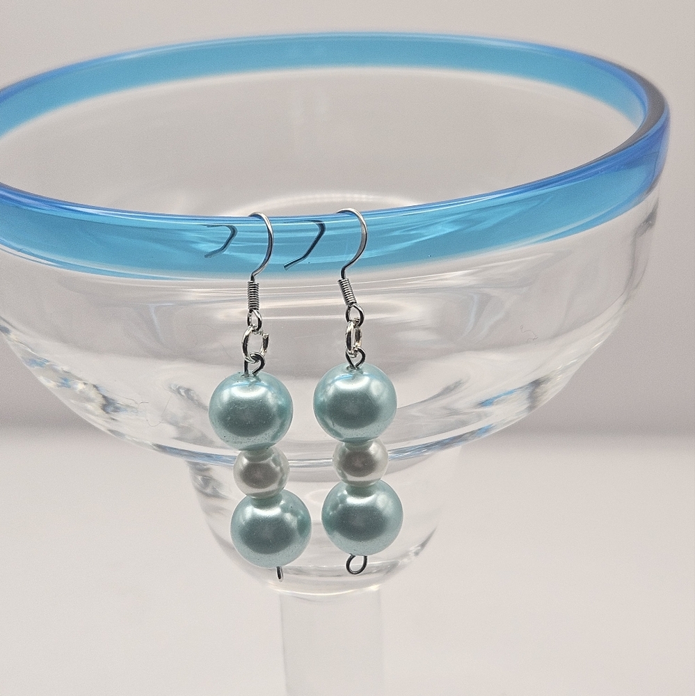 Teal and White Swarovski Pearl Sterling Silver Fishhook Earings